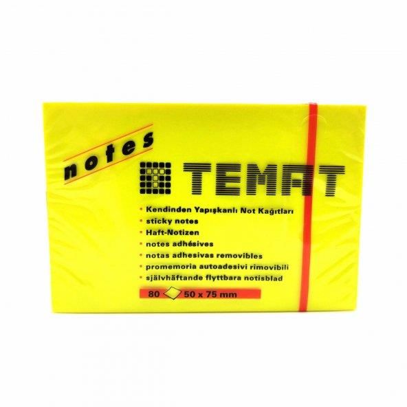 TEMAT 11064 YAPIŞKANLI NOT KAĞIDI 50x75 FOSFORLU SARI 12'Lİ PK.