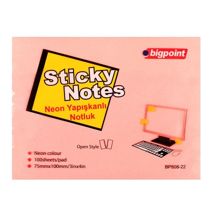 BİGPOİNT BP808-22 YAPIŞKANLI NOT KAĞIDI 75X100MM NEON PEMBE 12'Lİ PAKET