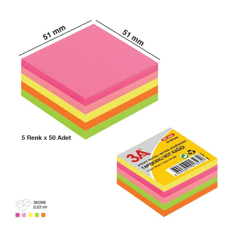 3A 1343 YAPIŞKANLI NOT KAĞIDI KÜP 51X51 MM (5 RENK X 50 ADET) 36'LI KT.