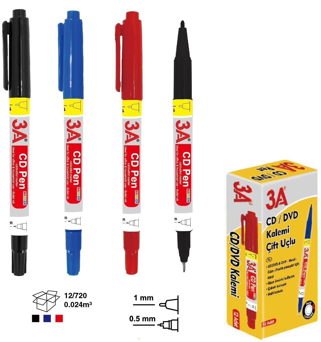 3A 1431 ÇİFT UÇLU CD KALEMİ KIRMIZI 12'Lİ KT.