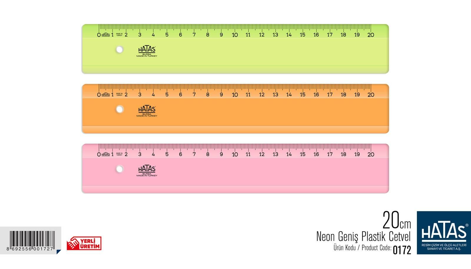 HATAS 00172 PLASTİK CETVEL 20 CM NEON ŞEFFAF GENİŞ 25'Lİ KT.